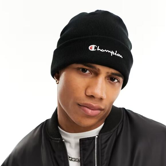 Champion Black Ribbed Knit Embroidered Logo Cuff Beanie Cap Hat Unisex One Size - Picture 1 of 7
